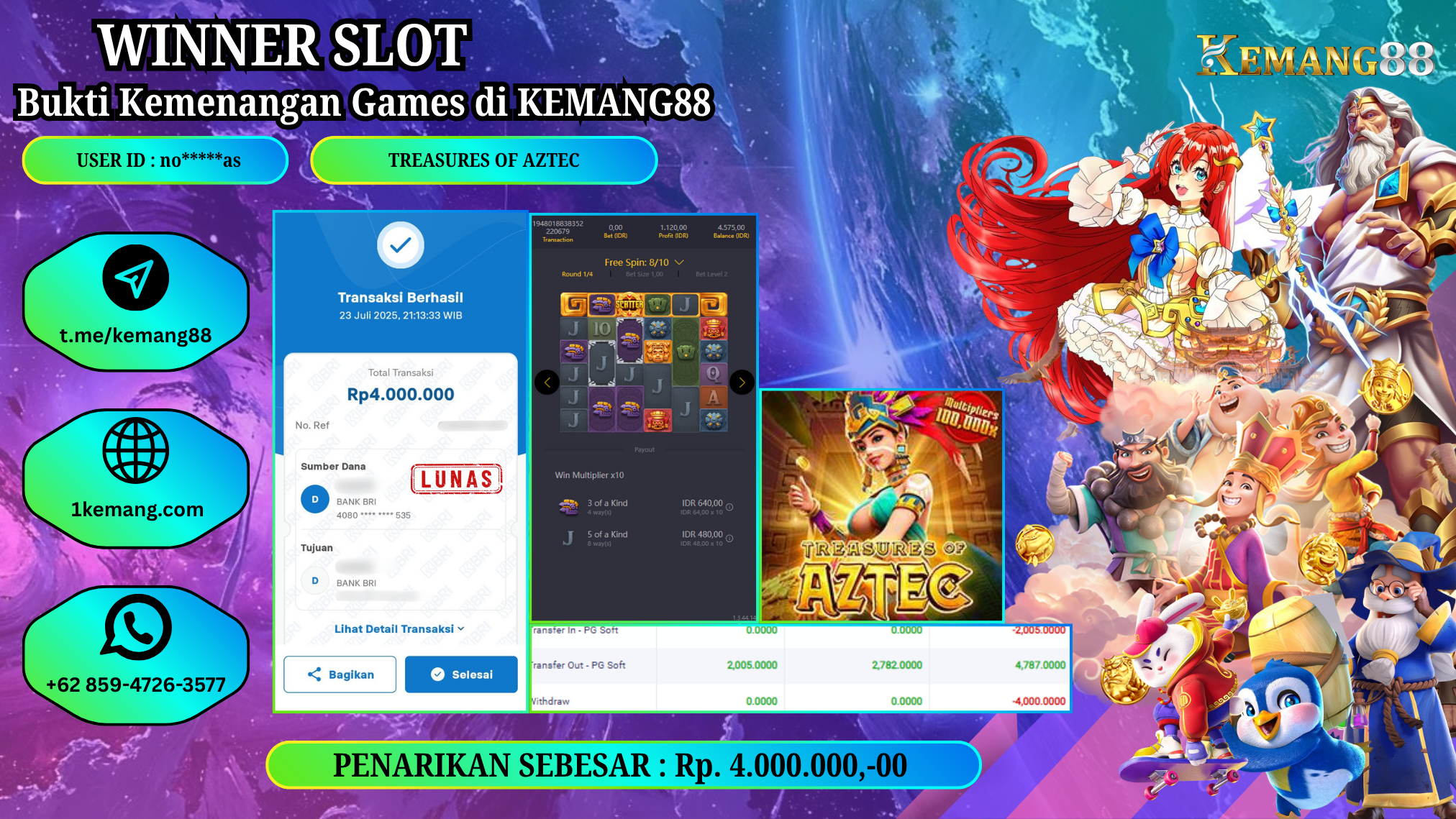 KEMANG88 [23 JULY 2025] : JACKPOT SLOT :  TREASURES OF AZTEC [PG]  Rp.4.000.000.,- LUNAS